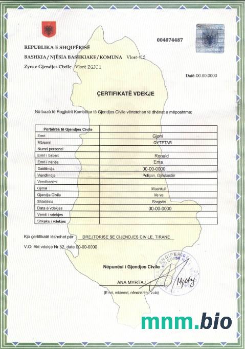 Albania śmierć certyfikat szablon w formacie PSD